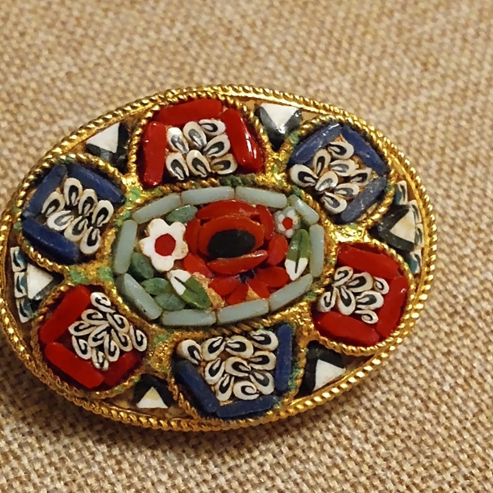 Micro Mosaic Made in Italy Stamped Oval Vintage Handmade Pin/Brooch